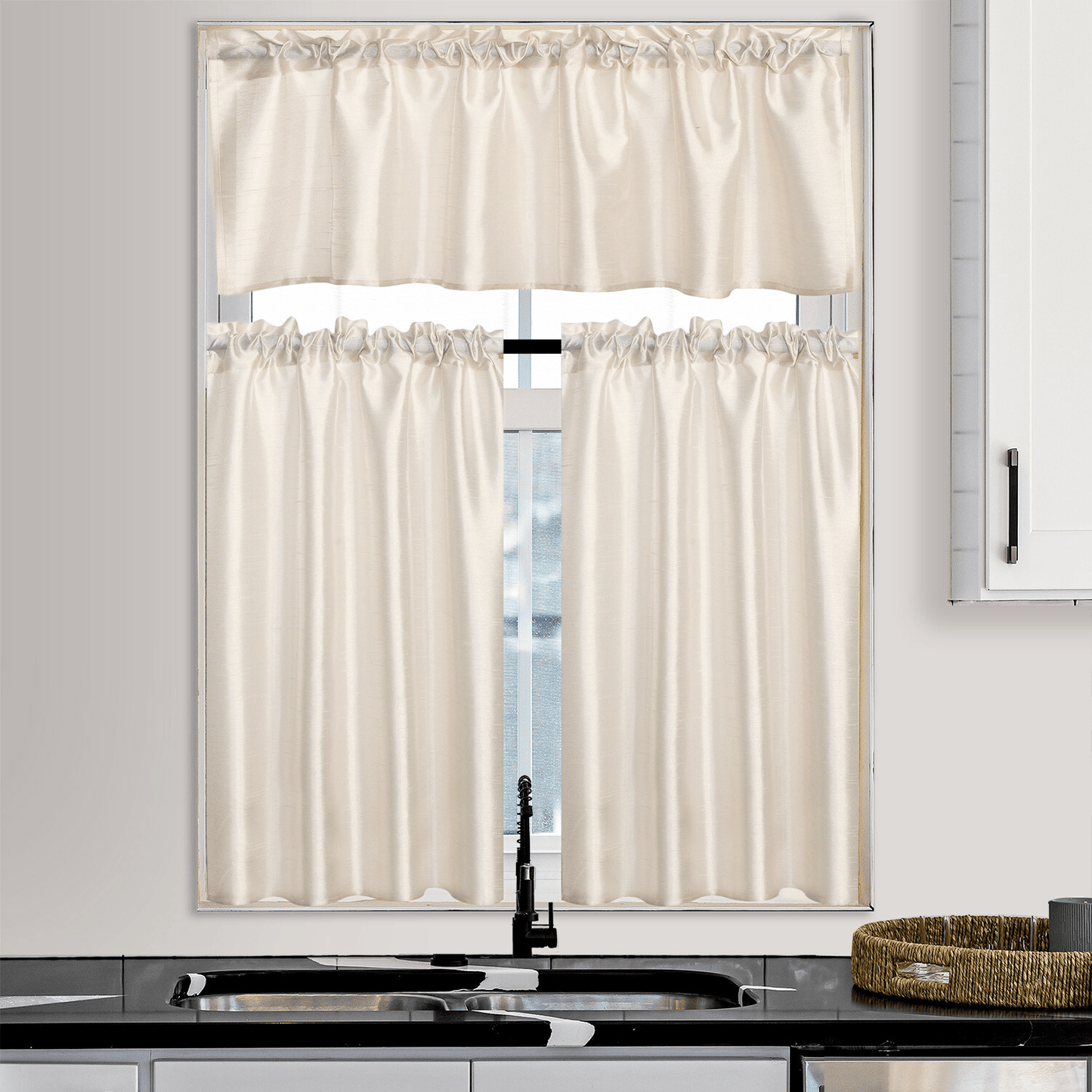 Three-Piece Faux Silk Window Curtain Set with Rod-Pocket Valance, Two 26 x 36-Inch Tiers and Eleven Colors