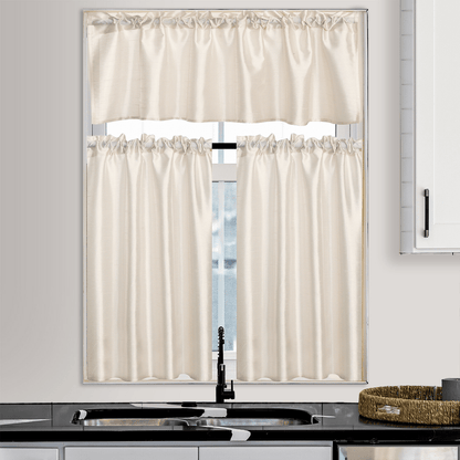 Three-Piece Faux Silk Window Curtain Set with Rod-Pocket Valance, Two 26 x 36-Inch Tiers and Eleven Colors