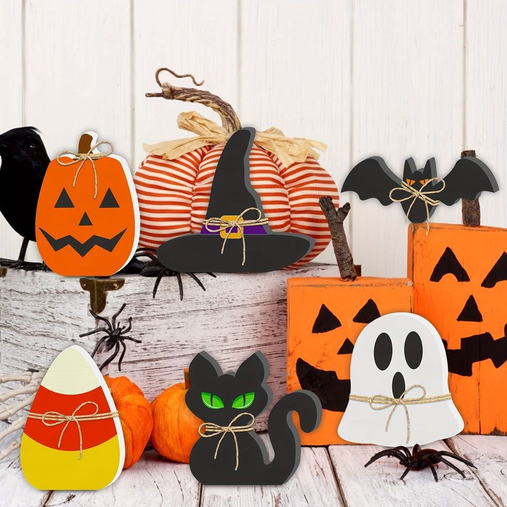 Six-Piece Halloween Freestanding Table Sign Set with Pumpkin, Ghost, Bat, Black Cat, Witch Hat and Candy Corn