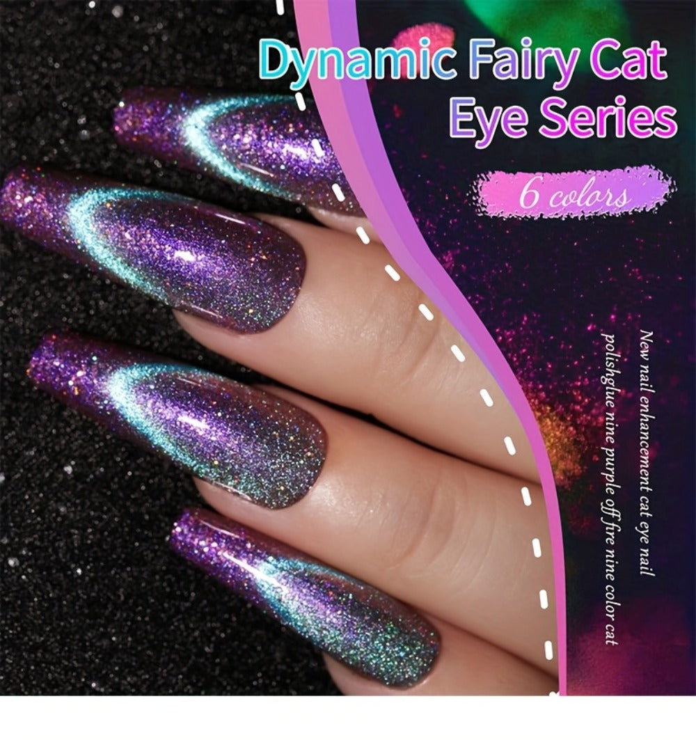 Cat Eye Gel Polish Set 6 Colors Holographic Magnetic – Dynamic Elf Reflective Soak Off UV LED Nail Gel 0.51oz Each | Multidimensional