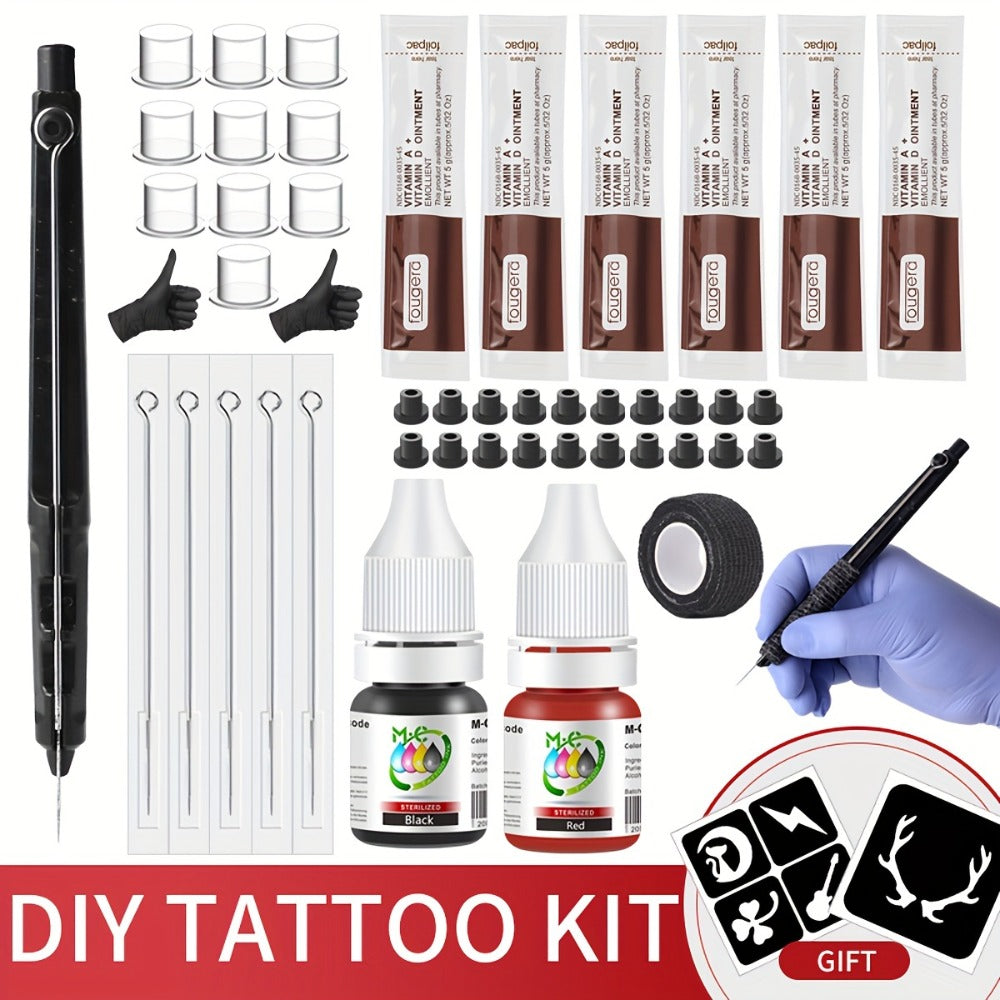 Manual Hand-Poke Tattoo Kit A02-3 with 14.3cm Pen Holder, Five Needles, Two Bottles and Transfer Accessories