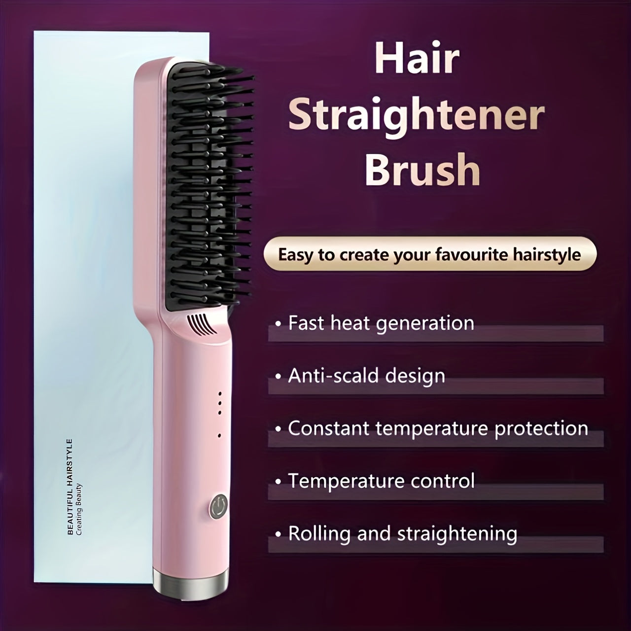 Compact Hair Straightening Brush with Three Color Options, LED Indicators and Three Pictured Heat Levels