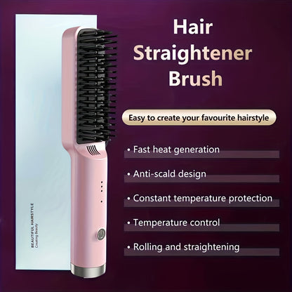 Compact Hair Straightening Brush with Three Color Options, LED Indicators and Three Pictured Heat Levels