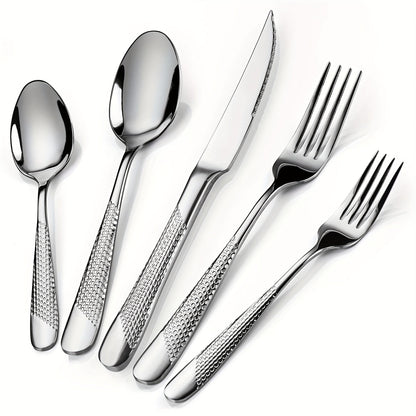 40- or 48-Piece Hammered-Handle Flatware Set in Rose Gold or Silver with Option-Specific Knives