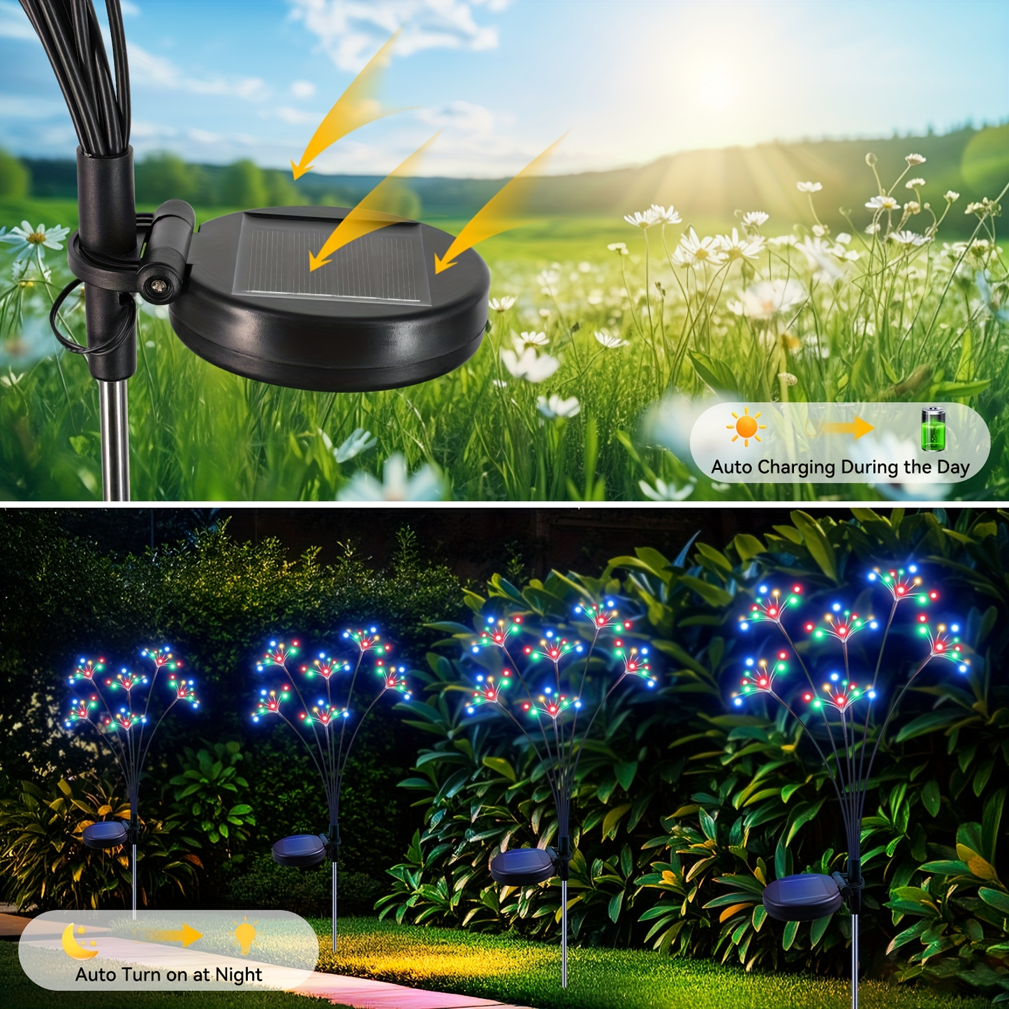 Solar Garden Lights 4-Pack Swaying Firework Stakes with Two Modes and Six Colors for Flowerbed Decor