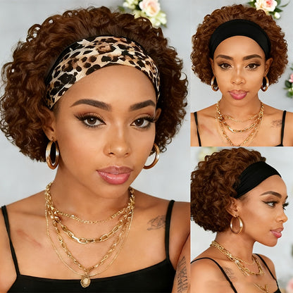 Kinky Curly Headband Wig Human Hair Brazilian 150% Density Glueless 6 Inch | No Glue No Gel Black Burgundy Rust | Beginner Friendly Daily