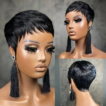 4-Inch Straight Layered Pixie Human Hair Wig in Black with 150% Density and Machine-Made Rose Net Cap