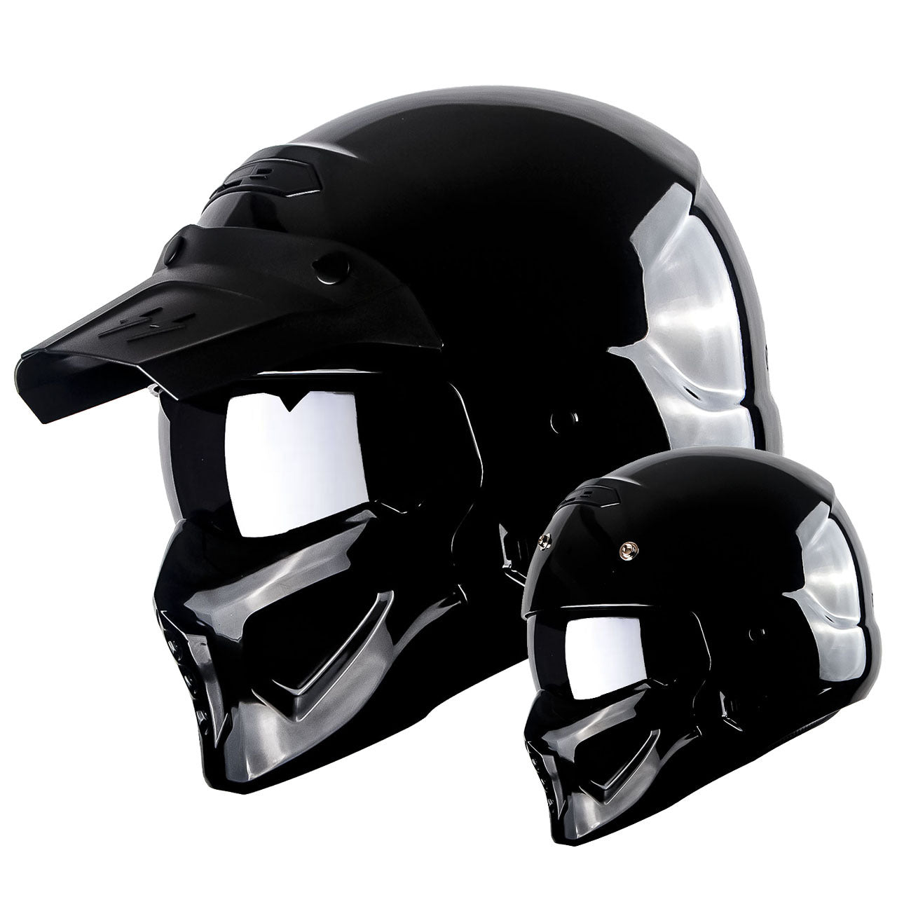 Motorcycle Helmet Convertible Full/Open-Face Shell with Detachable Mask, Smoked Shield, S-XL Sizes and Multiple Styles