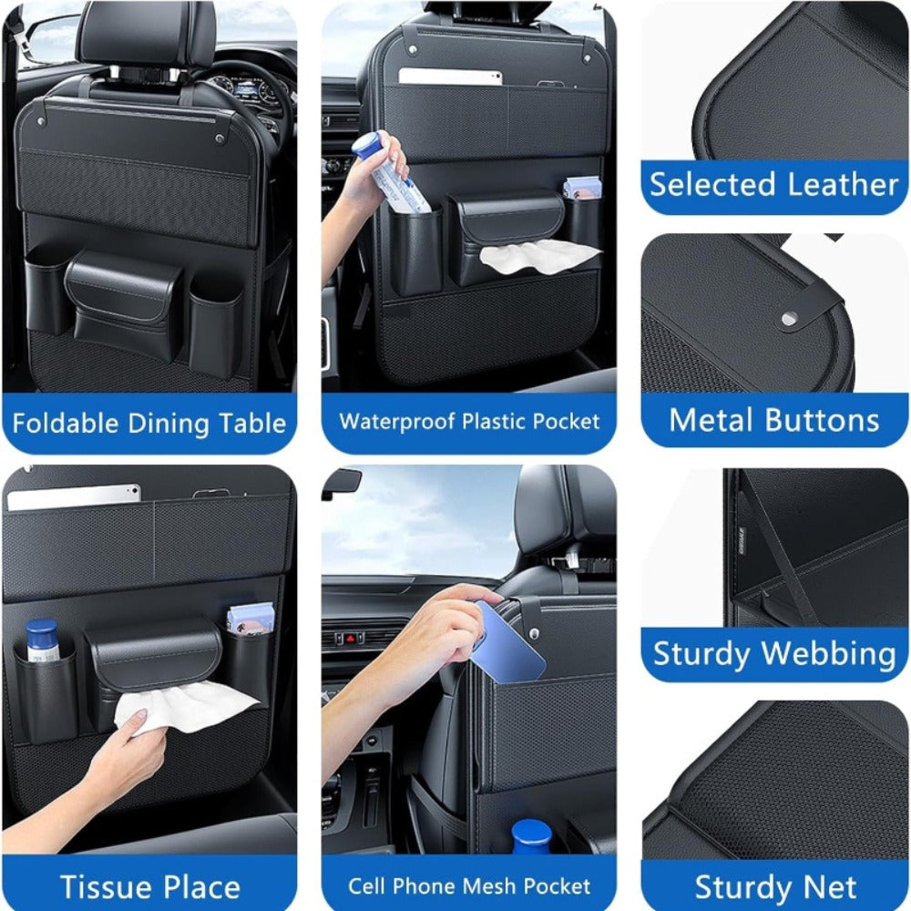 Faux Leather Car Seat Back Organizer with Foldable Tray and Tablet Stand in Black, Gray or Brown, One- or Two-Piece Packs