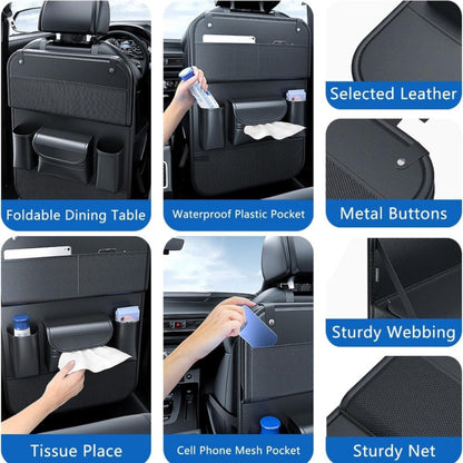 Faux Leather Car Seat Back Organizer with Foldable Tray and Tablet Stand in Black, Gray or Brown, One- or Two-Piece Packs