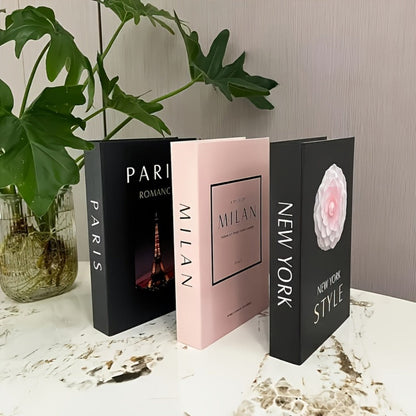Decorative Fake Books Set of 3 Walnut Wood Style Coffee Table Decor London New York Theme Faux Books for Home Office Shelf Entryway
