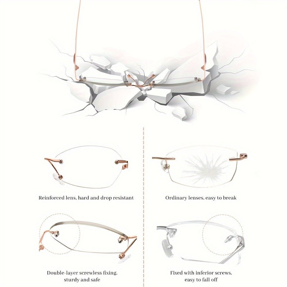 Reading Glasses – Three-Pair Rimless Metal Readers in Multiple Colors and Strengths with Multiple Strength and Color Options