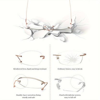 Reading Glasses – Three-Pair Rimless Metal Readers in Multiple Colors and Strengths with Multiple Strength and Color Options