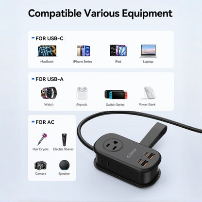 GaN 65W Portable Power Strip Fast Charging - 3 AC Outlets, 2 USB-C & 2 USB-A Ports, Flat Plug, 50-inch Cable