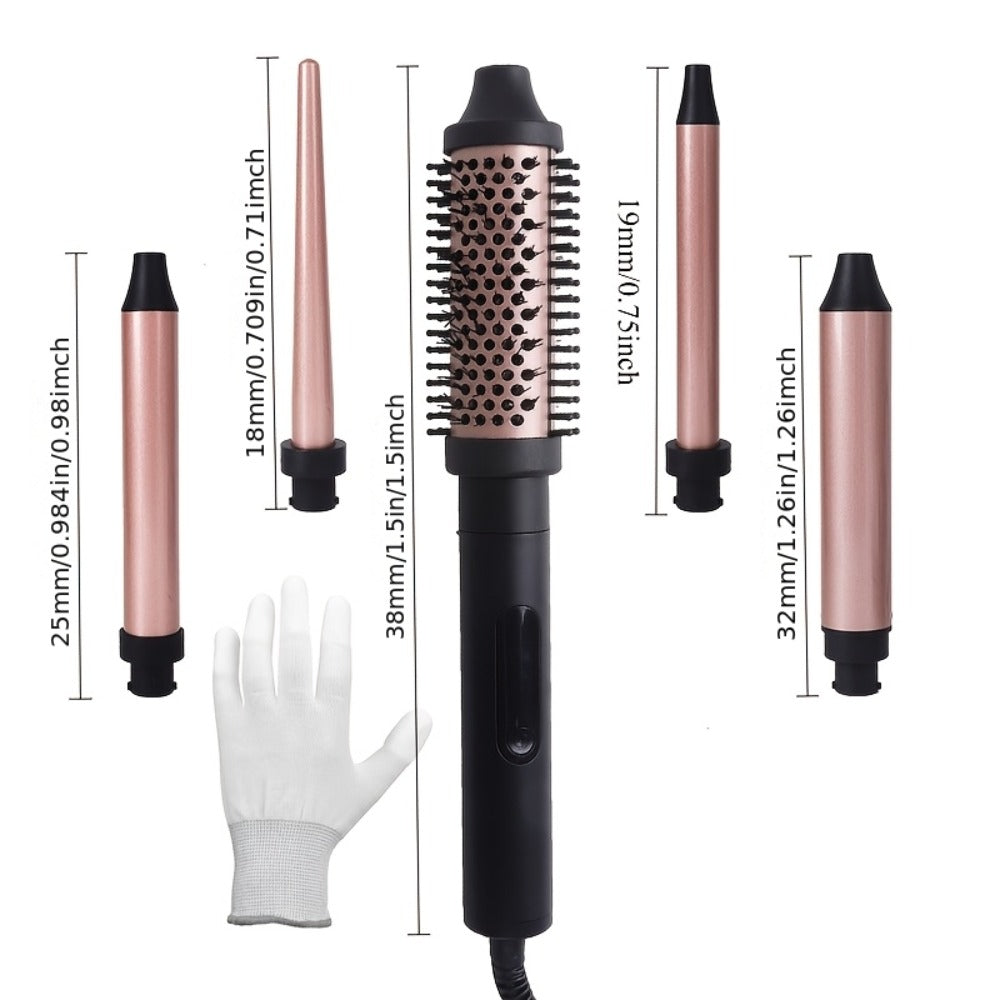 Ceramic Curling Iron Set 5-in-1 with Interchangeable Barrels & Heat Brush, Professional Hair Curler Wand Styling Kit for Waves & Curls