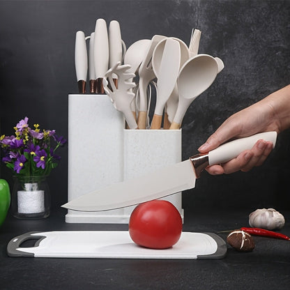 19-Piece Non-Stick Silicone Cookware Set with Bamboo Storage, Knives & Wooden Handle, Pots, Pans & Utensils for Induction & Oven
