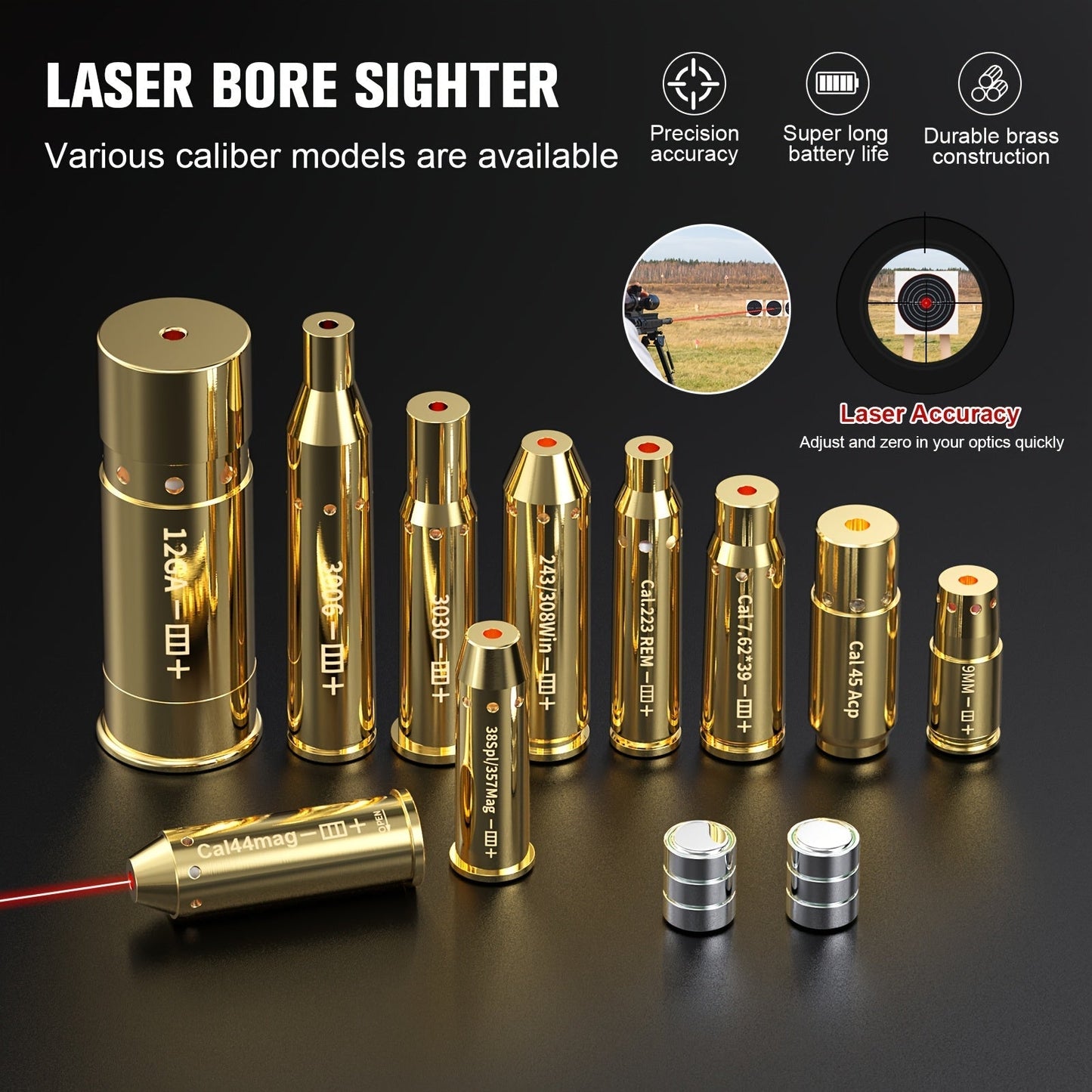 Red Laser Bore Sighter Multi-Caliber Firearms Calibration Tool 9mm 45ACP 308Win 223Rem 12GA 7.62 38SPL 44Mag Battery Included for Shooting