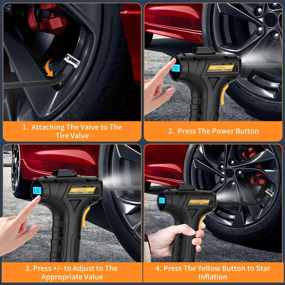 Portable Tire Inflator Air Compressor 150 PSI Cordless with Auto-Shutoff Digital Pressure Gauge LED Light Wireless USB Charging for Car