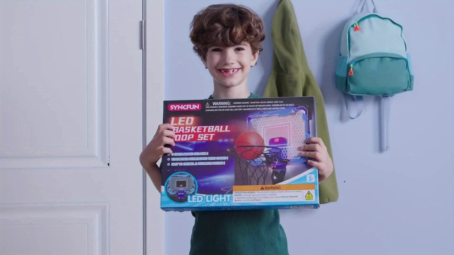 Indoor Basketball Hoop for Kids Over the Door, Light Up LED Scoreboard 4 Balls Air Pump 3 Game Modes 7 Light Shows