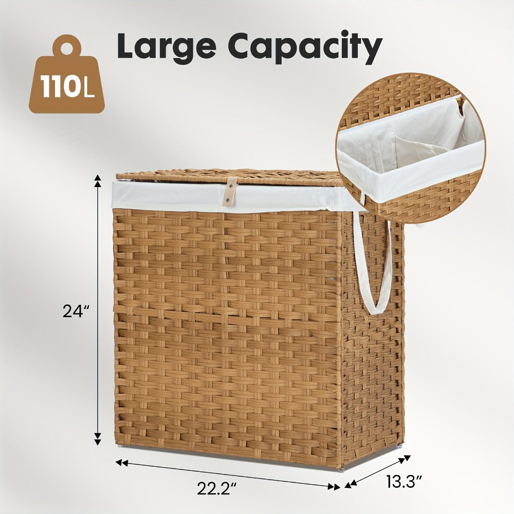 Lidded Woven Laundry Hamper with Removable Liner in Goose Yellow or Dove Gray and Two Capacity Labels
