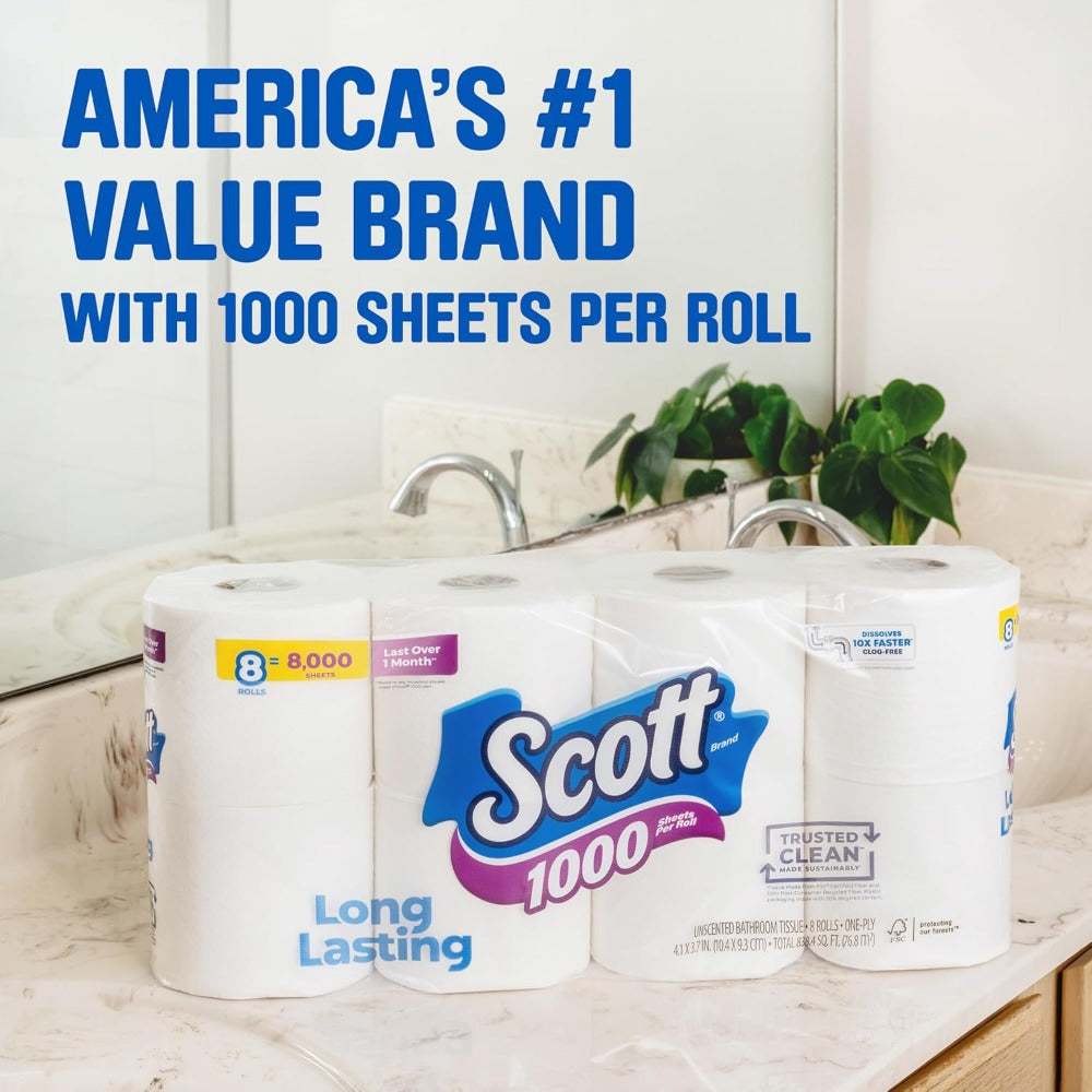 Toilet Paper 1000 Sheets Per Roll 18 Rolls – 1-Ply Bath Tissue Bulk Pack with Clog-Free Technology Long Lasting Rolls Dissolves Fast