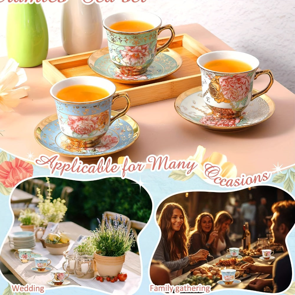 Floral Porcelain Tea Cups and Saucers Set of 12 – 5.4 Oz British Style Tea Party Cups – Classic Elegant Gift for Women