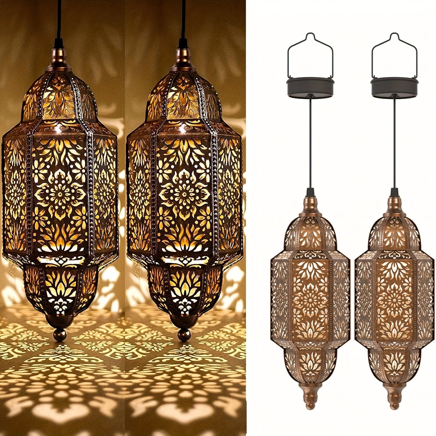 Solar Lanterns Outdoor 2 Pack Moroccan Cut-Out Design Garden Pathway Patio Lantern Lights Gold Purple White Copper