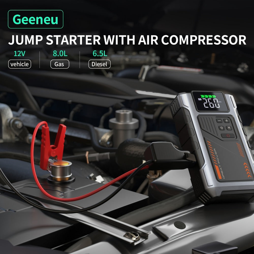 8000A Jump Starter with Air Compressor – 12V Portable Jump Box for Gas & Diesel Cars, USB Ports & LED Flashlight | Up to 8.0L Gas & 6.5L