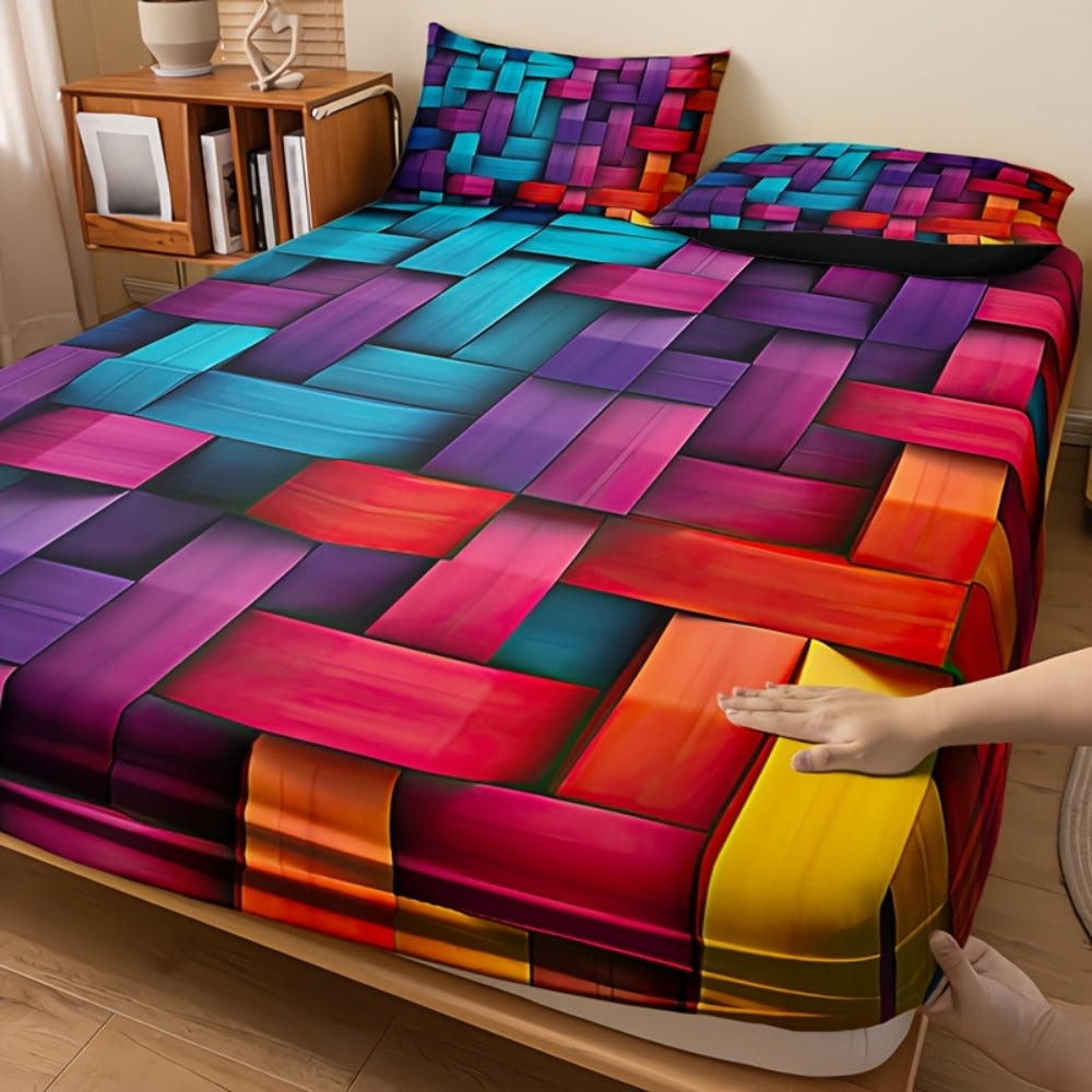 Fitted Sheet Set 3 Piece Digital Print Plaid – Deep Pocket 15 Inch Bed Sheet with 2 Pillowcases, 85% Polyester Soft Breathable Bedding Set