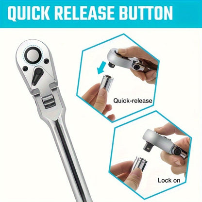 6-Piece Ratchet Wrench Set 1/4" 3/8" 1/2" Drive – Rotating Head Ratchet with Extension Bar, Chrome-Plated Stainless Steel