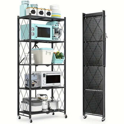 Storage Rack 3-5 Tier Foldable Shelving Unit with Wheels – Portable Multi-Layer Floor Standing Utility Shelf Organizer for Bedroom Closet