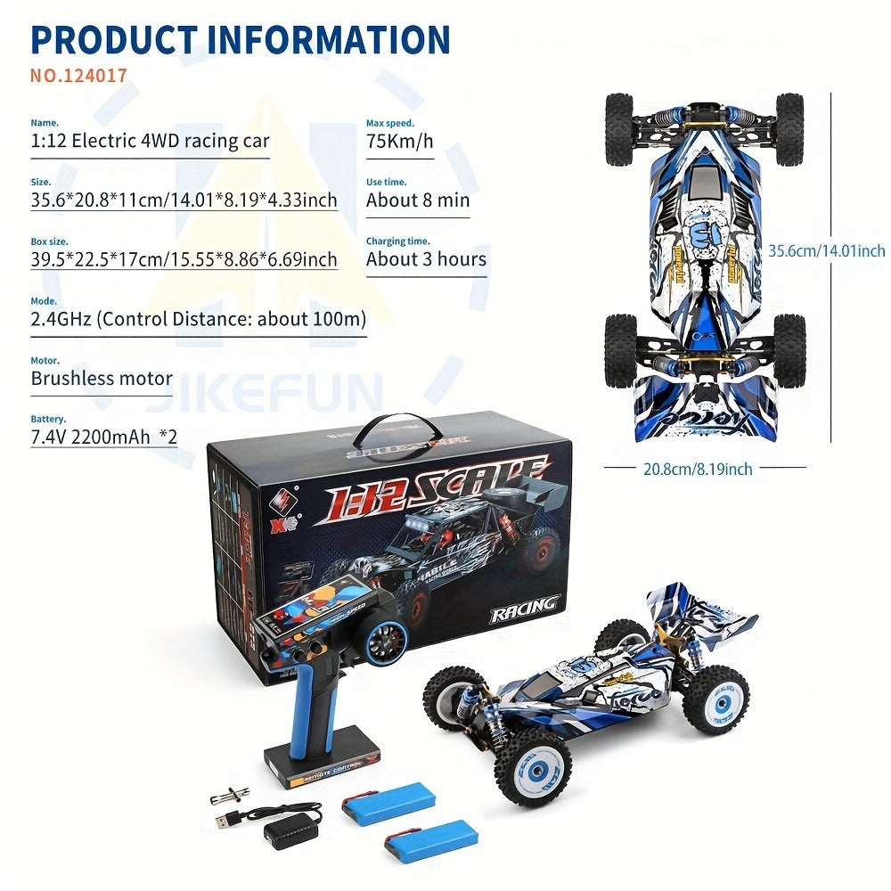 Remote Control Car, Wltoys 124017 Brushless 4WD Off-Road Racer with 75KM/H Source Speed and Two 7.4V 2200mAh Batteries