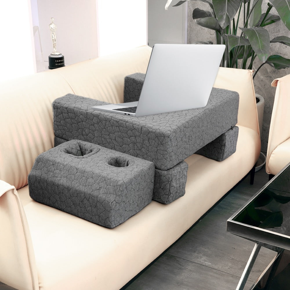 Modular Gray Reading and Gaming Cushion with Armrests, Cup Holders, Side Pockets and Detachable Sections