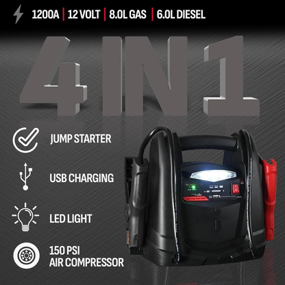 1200A Car Jump Starter and Power Station, 4-in-1 Solution, 150-PSI Air Compressor, 2.4A USB Charging: for 12V Sport