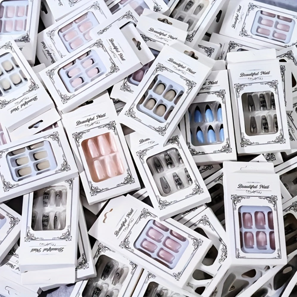 Press On Nails 288-Piece Mixed Square Oval Holiday Set with French Glitter Hearts and Leaves