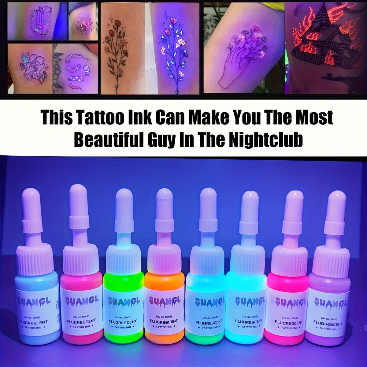 Tattoo Ink UV Fluorescent Set with 5ml Bottles in 5-, 8-, 11- or 15-Color Bottle Options with Item-Specific Color, Capacity and Bottle