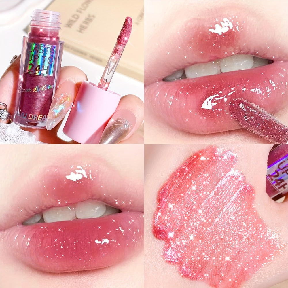 24H Waterproof Glitter Lip Gloss & Lip Stain Set 3PCS, Lip Oil Formula, for Makeup, Travel and Everyday Vanity Use