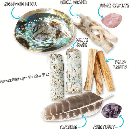 White Sage Smudge Kit 11pcs, 2 White Sage Bundles, 3 Palo Santo Sticks, Abalone Shell with Stand
