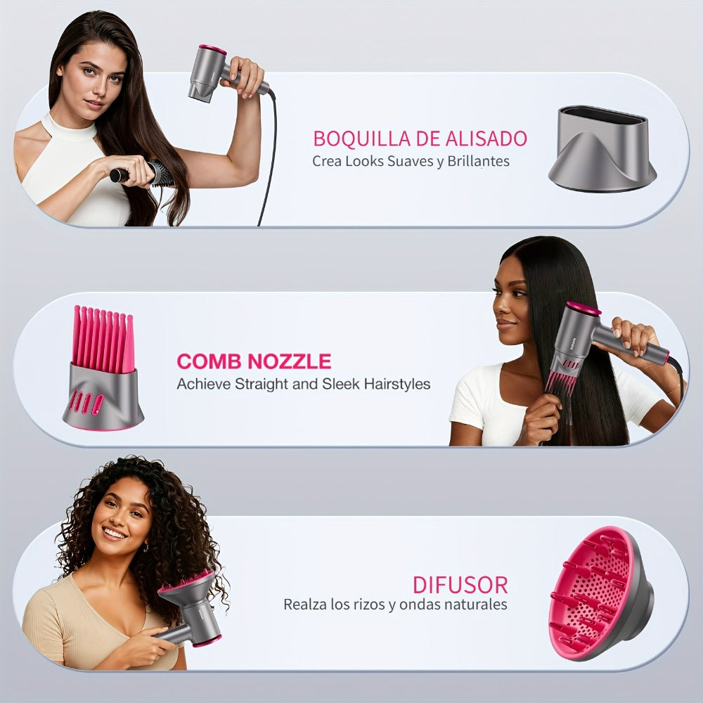 FZ201-Style 1875W Hair Dryer with Circular Rear Intake, Gray or White Finish and Three Pictured Attachments