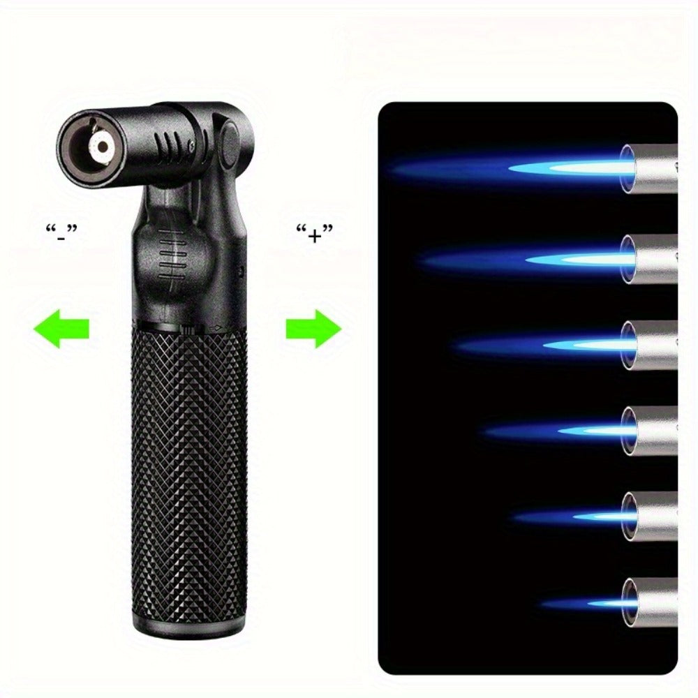 Angled-Nozzle Torch Lighter with Knurled Cylindrical Grip, Standing Body and Three Finish Options