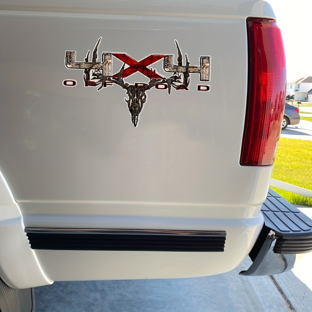Two-Piece Hunting Skull Truck Decal Set with Antlers, Crossed Arrows and Red Center Accent