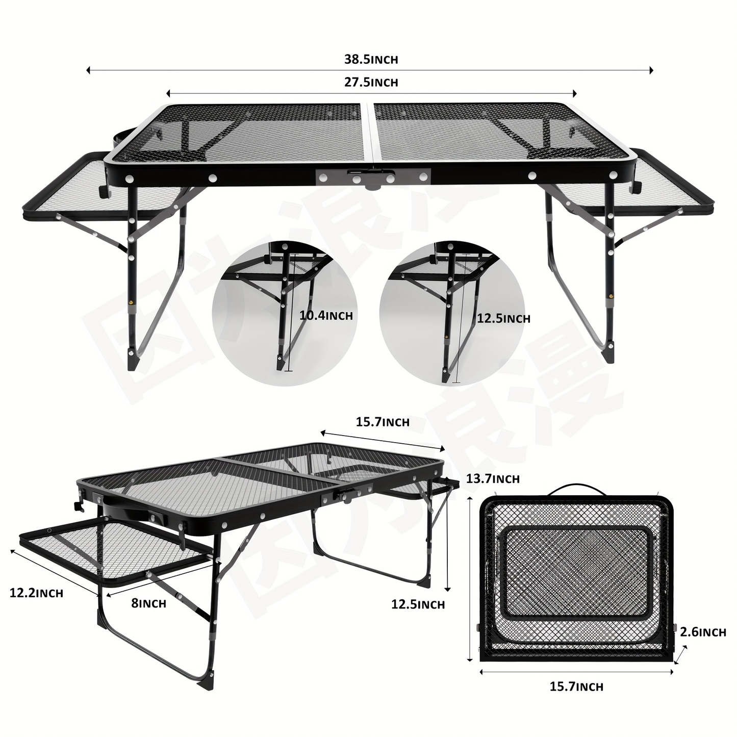 Portable Folding Camping Table with 2 Wingboards & Mesh Top – Height Adjustable Outdoor Grill Side Table for Picnic Barbecue Beach