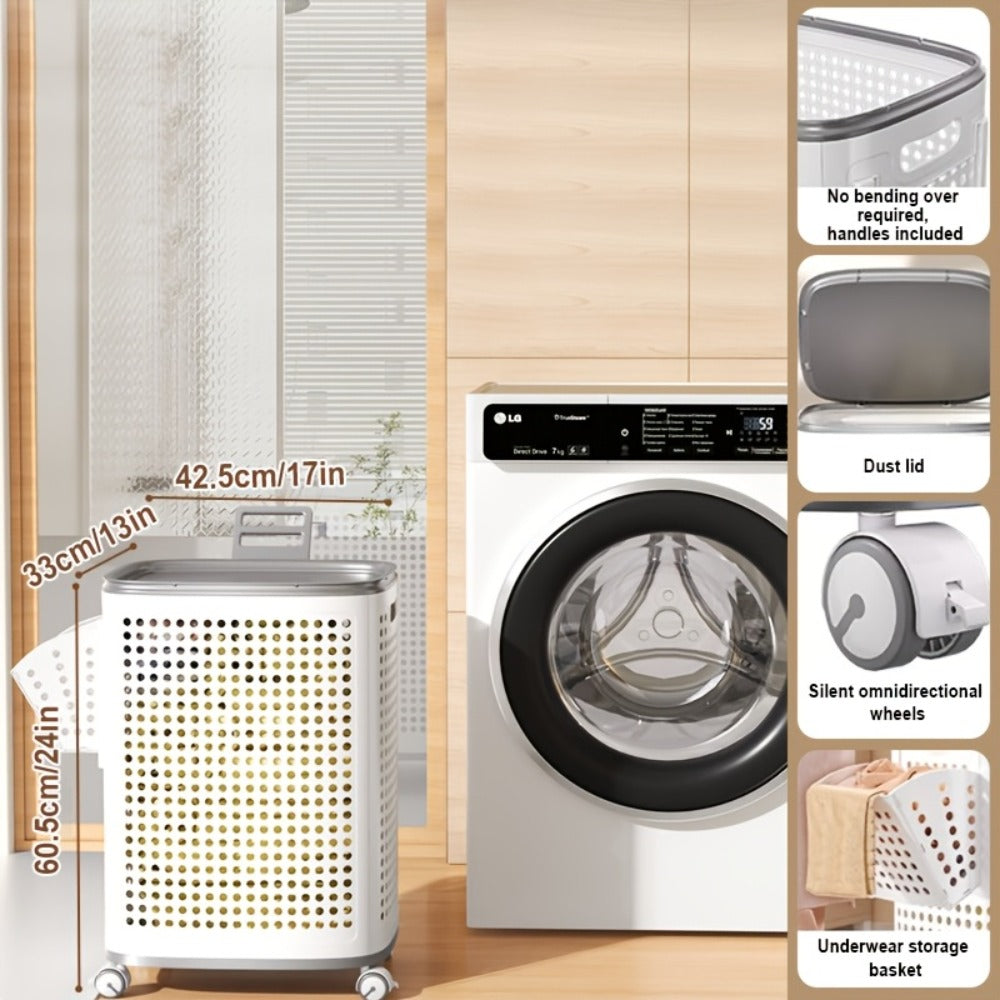 Rolling Laundry Basket with Lid and Wheels, Large Foldable Ventilated Storage Bin with Lockable Casters