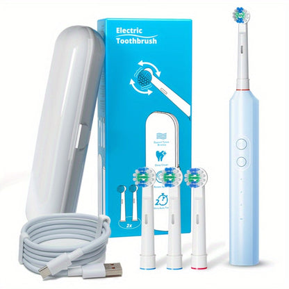 Electric Toothbrush for Adults, Rechargeable 4 Brush Heads 3 Cleaning Modes Smart Timer IPX7 Waterproof USB Quick Charge 600mAh Round Head