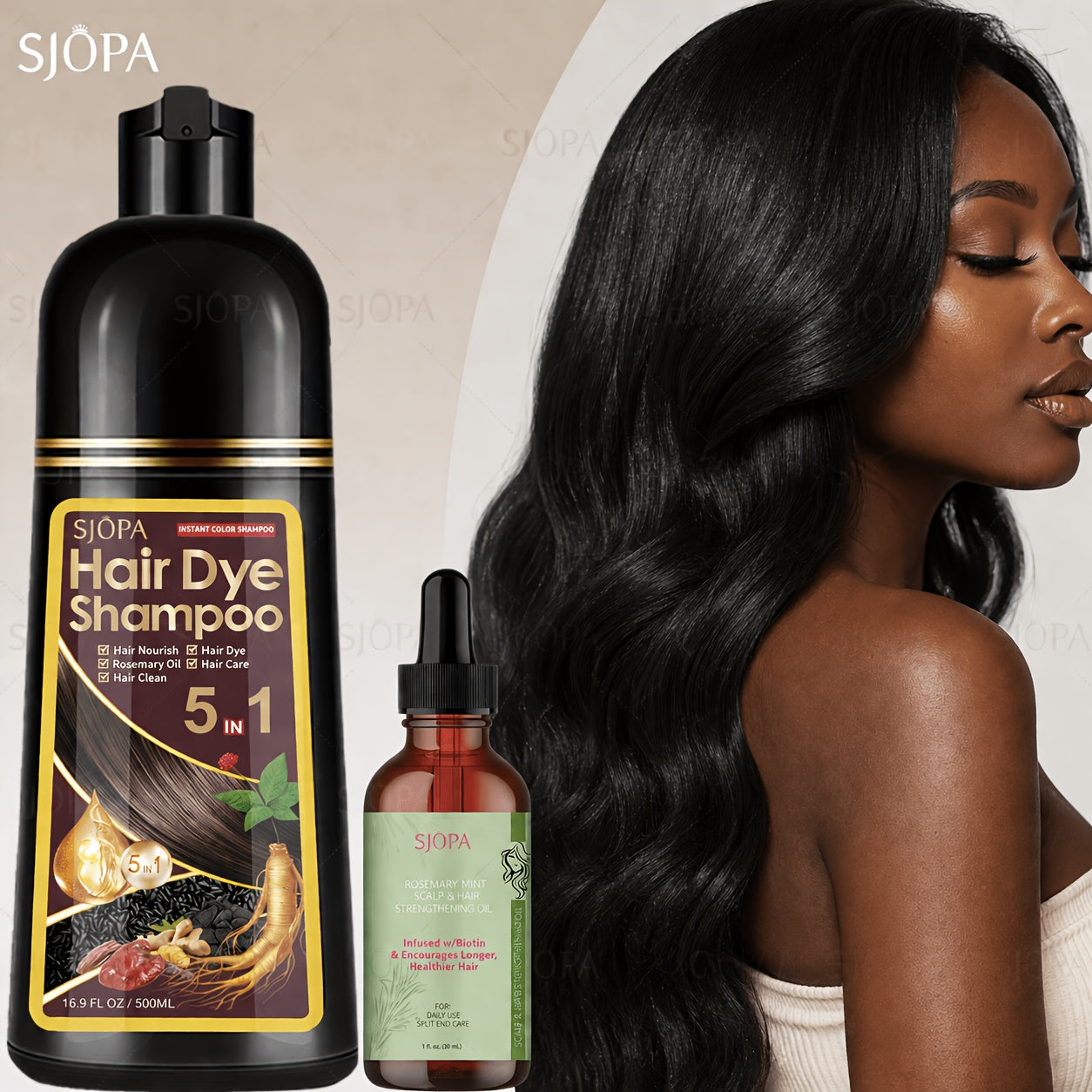 Gray Coverage Hair Dye Shampoo Kit 3-in-1 with Rosemary Hair Oil - Quick Color, Gentle & Natural Formula for Men & Women