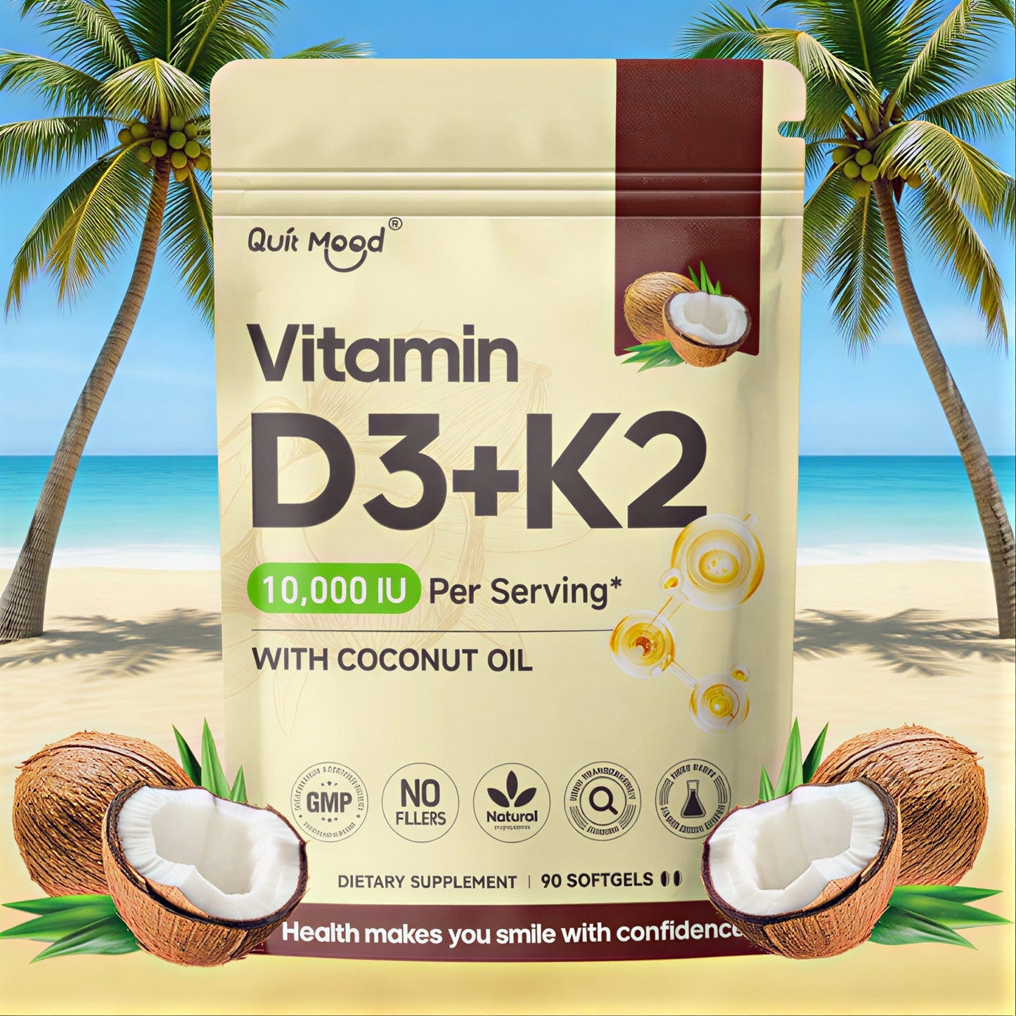 Vitamin D3 10000 IU + K2 MK-7 200mcg Softgels 90 Count with Extra Virgin Coconut Oil for Bath Time, Home Spa and Personal Care