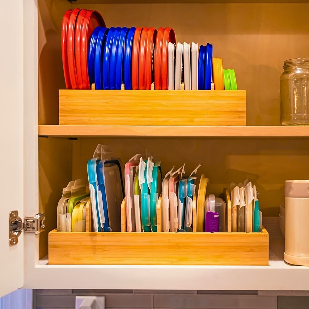 Bamboo Lid Organizer for Kitchen Cabinet with 5 Adjustable Dividers – Tupperware Lid Holder for Food Container Lids