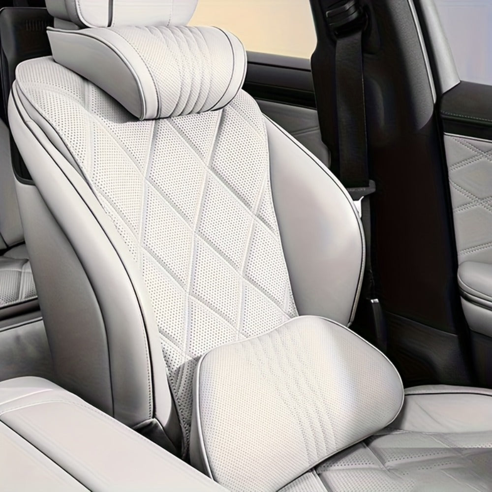 Car Neck Pillow Nappa Leather Headrest – Memory Foam Lumbar Support with Embroidery, All-Season Universal Car Interior Accessory