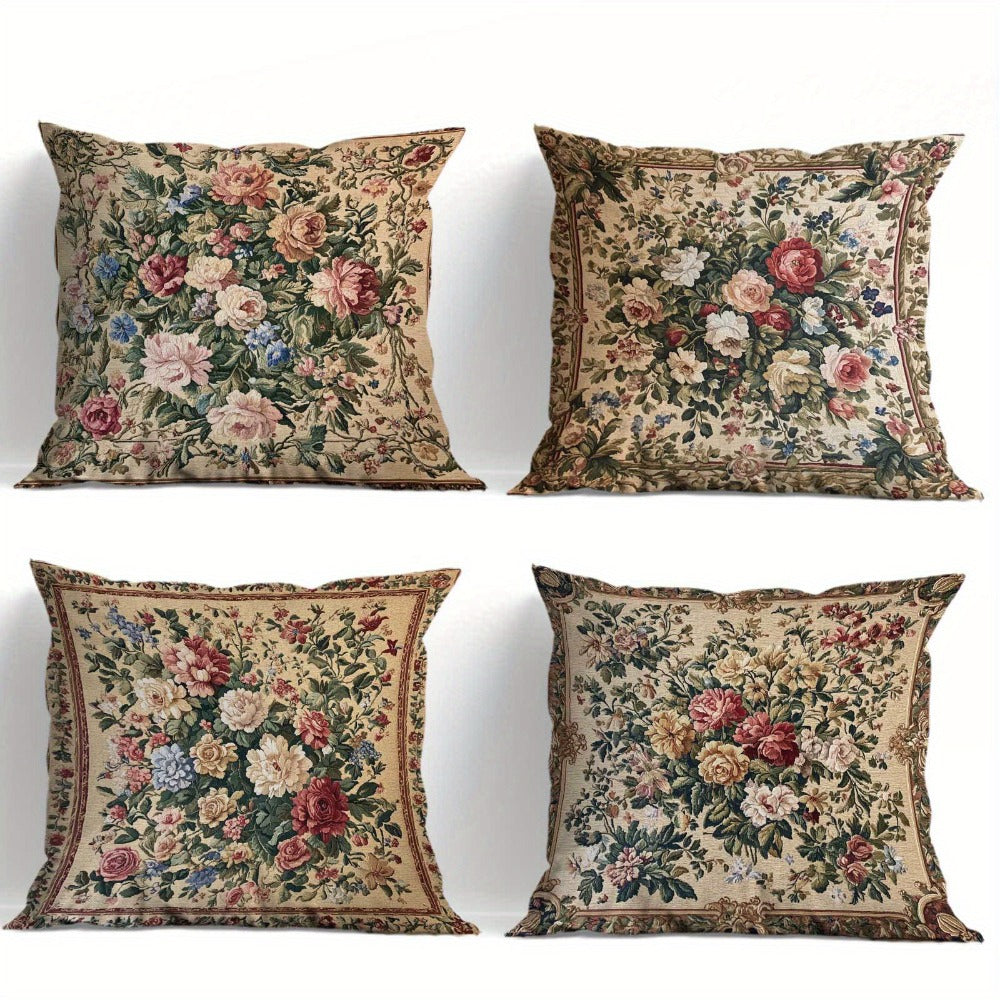Vintage Floral Pillow Covers Set of 4 Soft Cozy Cushion Cases with Zipper 18x18in Single-Sided Print for Living Room Bedroom Porch Patio Car