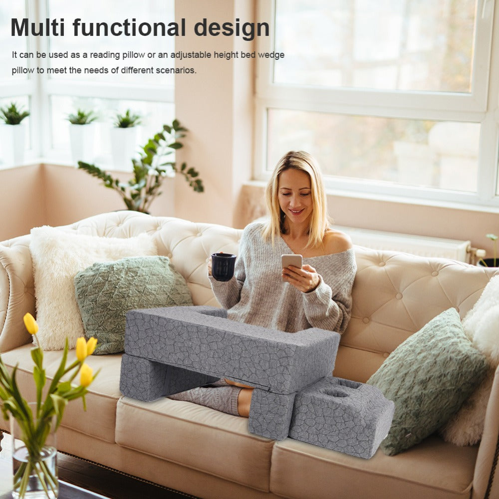 Modular Gray Reading and Gaming Cushion with Armrests, Cup Holders, Side Pockets and Detachable Sections